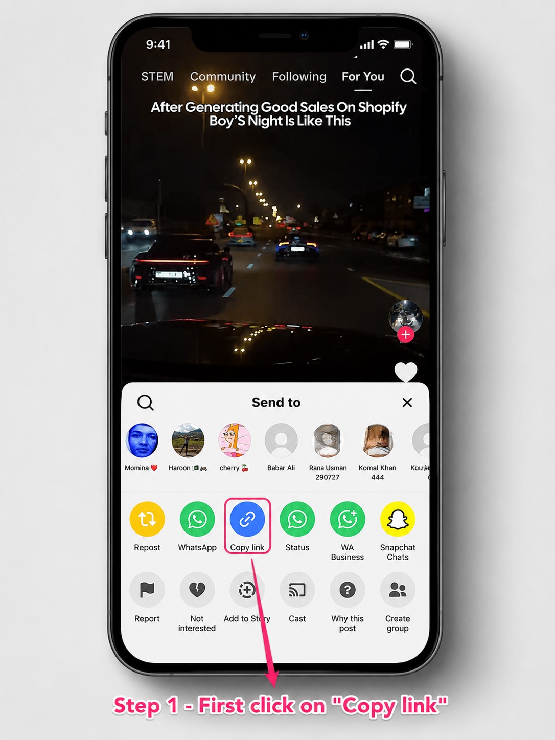 iPhone tutorial showing how to copy the link for one public TikTok video
